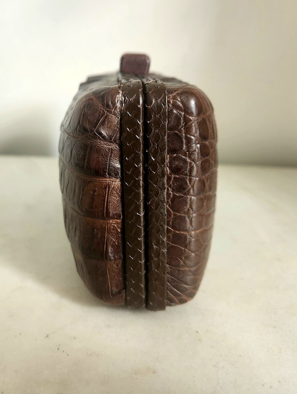 Brown Croc-Embossed Leather Snakeskin Make Up Case Clutch - Picture 2 of 10